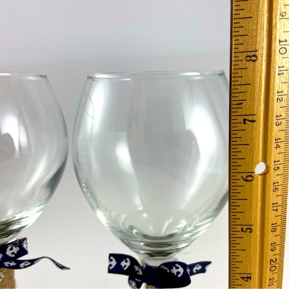 Wine Glasses Set of 2 with Wicker Rattan Wrapped Stems with Navy Anchor and Blue - Picture 3 of 4